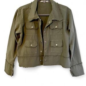 Giocam Green Cropped Jacket With Frayed Edges, Roomy Size Small
